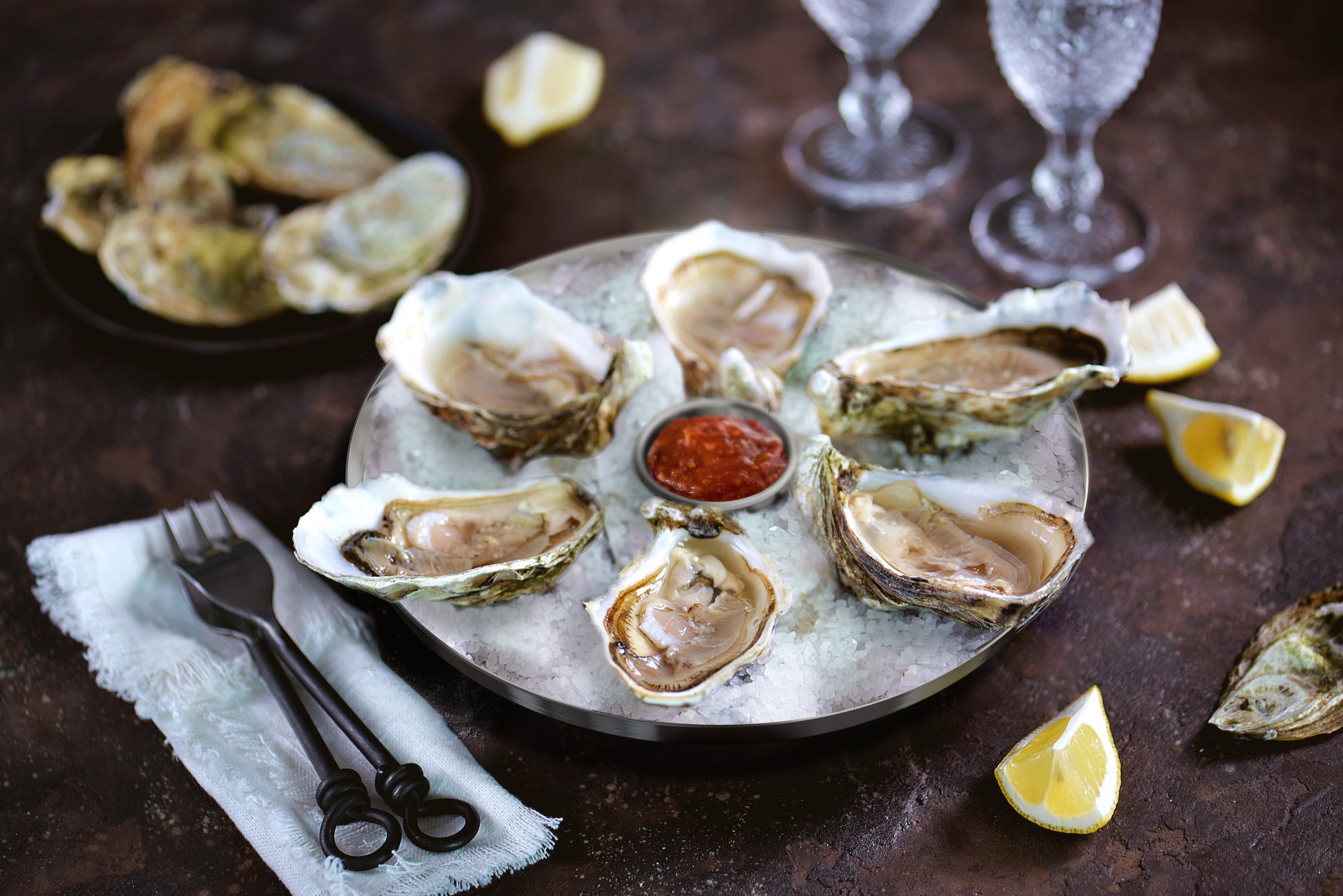 Outset Oyster Tray 6 Slots and Condiment Cup Stainless Steel