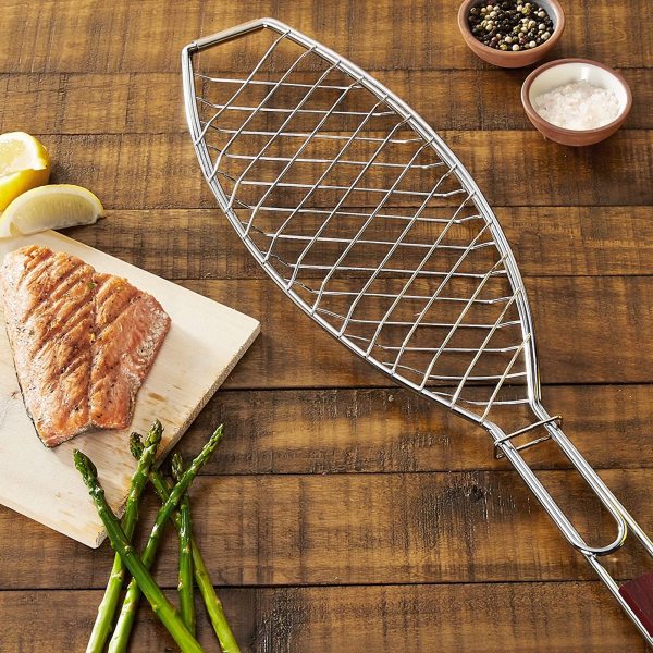 Fish Grill Basket With Rosewood Handle Outset Grillware and Barware